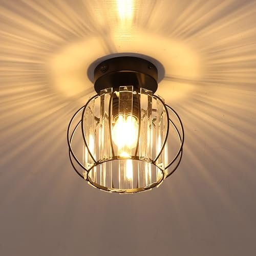 Maichis 12V RV Vintage Ceiling Light (Bulb Included), 12V RV Interior Light Fixture with On&Off Switch, 12Volt Semi-Flush Mount Ceiling Light with Metal Cage and Crystal Shade for Motorhome Camper