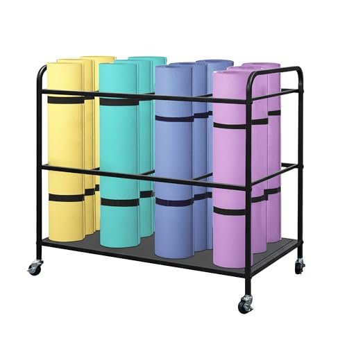 VERSSURE Yoga Mat Storage Basket,Yoga Mat Rack with Lockable Wheels,Holds up to 90lbs Gym Equipment Organizer Holder for Dumbbells, Kettlebells and Foam Rollers (Black)
