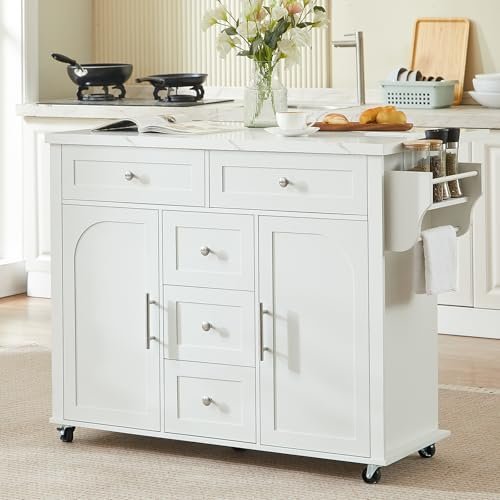 ONBRILL 47" Kitchen Island with 2 Storage Cabinets & 5 Drawers, Mobile Island Table for Kitchen with Imitation Marble Drop Leaf, Rolling Island Cart with Power Outlet & Spice Rack & Towel Rack, White