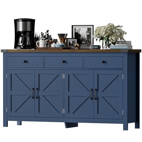 VVFLU 63" Sideboard Buffet Cabinet with Storage, Coffee Bar with 3 Drawers and 4 Barn Doors, Long Wider Storage Cabinet Modern Farmhouse, Blue Wood, for Kitchen, Dining Room, Living Room