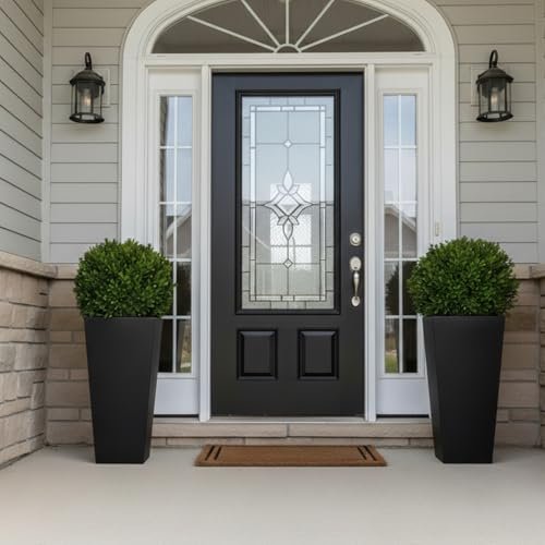 GreenShip 27 inch Tall Planters for Indoor Outdoor Plants, Set of 2 - Large Black Flower Pots with Drainage & Inner Shelf, Modern Decorative Garden Pots for Porch, Patio, Front Door