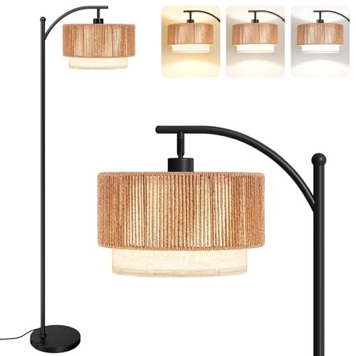 SUNMORY Floor Lamps for Living Room with 12W LED Bulb, Arc Floor Lamp with 3 Color Temperatures, Farmhouse Floor Lamps with Adjustable Rattan & Fabric Shades, Boho Standing Lamp for Bedroom, Corner
