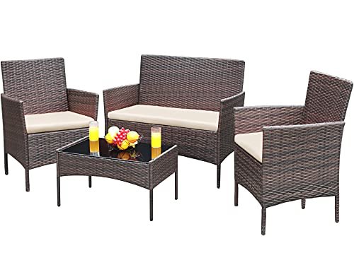 Greesum Patio Furniture 4 Pieces Conversation Sets Outdoor Wicker Rattan Chairs Garden Backyard Balcony Porch Poolside loveseat with Soft Cushion and Glass Table, Brown and Beige