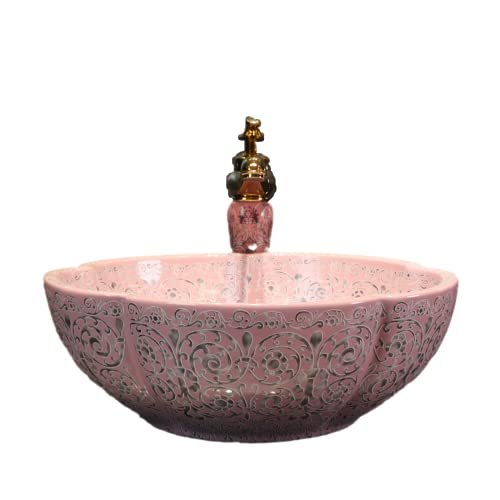 Bathroom Vessel Sinks Art Vintage Style Pink Flower Ceramic Above Counter Sink For Vanity Top