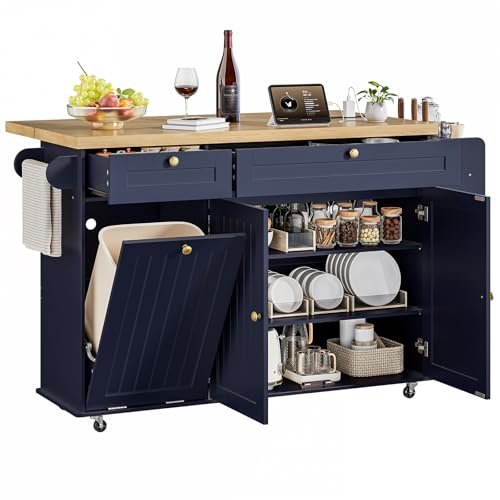 ONBRILL 60" Kitchen Island with Power Outlet & Drop Leaf, Mobile Storage Island with Spice Rack & Towel Rack, 4 Levels, Blue