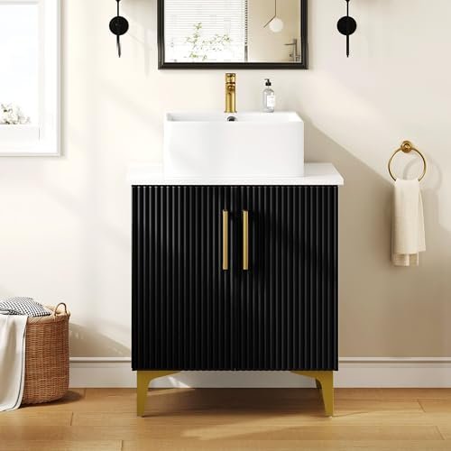 YITAHOME 24 Inch Bathroom Vanity with Vacuum Forming, Freestanding Storage Cabinet Vanity with Engineered White Stone Countertop, 2 Large Soft Closing Doors with Shelf, Gold Handles & Legs, Black