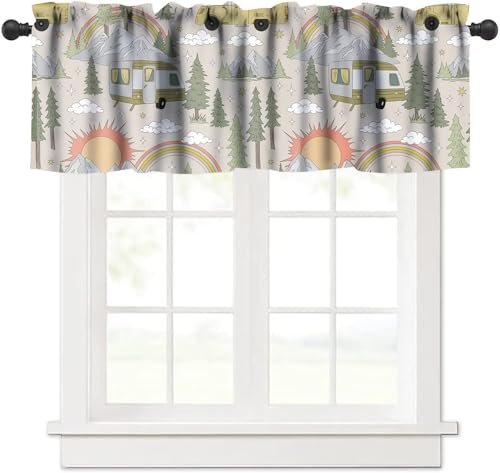 JanJCurt Camper Van Window Valance, Vintage Camper Summer Vacation Retro Groovy Sun Rainbow Clouds Rustic Mountain Forest Print Short Window Treatment Curtain for Kids Bedroom, 54x18inch