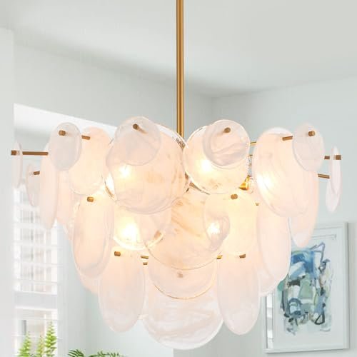 VANZARLA Dia 28 Inch, Modern Glass Chandeliers for Bedroom, Gold Dining Room Light Fixture, Large Vintage Pendant Chandelier for Living Room Stairway Entryway Kitchen Farmhouse Foyer