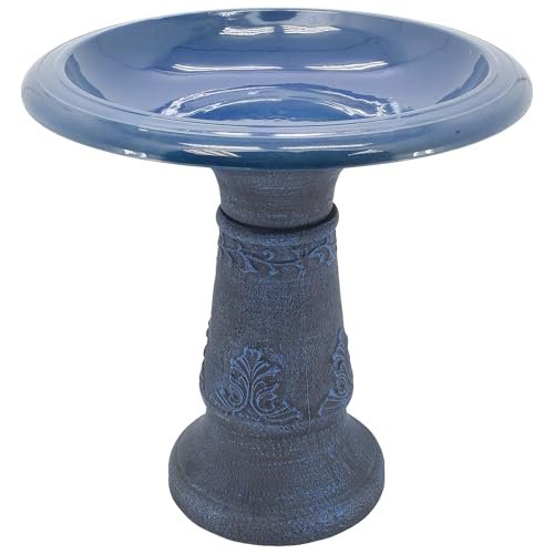 Arcadia Garden Products Fiberclay Bird Bath Outdoor Garden Decor, Antique Vintage Weather Resistant Water Bowl for Backyard and Patio and, 20-inch Tall, Blue