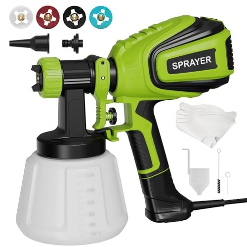 Paint Sprayer 700W, Electric HVLP Paint Spray Gun, with 4 Nozzles and 3 Patterns Cleaning & Blowing Joints Easy to Clean for Garden Chairs Fence Door Cabinets Home Interior Walls etc. VF803 Dark Green
