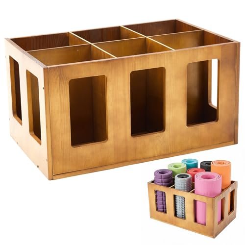 Sintuff 6-slot Vintage Wood Yoga Mat Holder Storage Organizer Floor Standing Foam Roller Holder Rack for Yoga Mats Gym Home Sports Exercise Accessories Dumbbell Kettlebell Resistance Bands