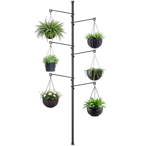 Zononoca Tension Rod Plant Stand, Plant Poles for Hanging Plants Indoor, Metal Floor to Ceiling Hanging Plants Stand, Tension Pole Plant Stand with 6 Hooks (Fit 3.6-10ft)