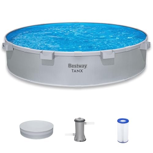 Bestway TANX 10' x 24" Stock Tank Pool, Round Galvanized Steel Above Ground Pool Set with Filter Pump, Filter Cartridge (Type III), Pool Cover, and Cup Holders, Semi-Permanent Metal Steel Wall Pool