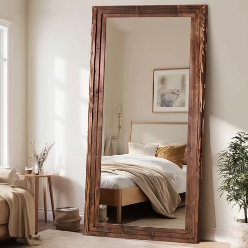 Full Length Wood Mirror 76x34 - Rustic Solid Wood Floor Mirror with Triple Layer Frame, HD Tempered Glass, Wall Mounted or Leaning Standing Mirror Vintage Brown Mirror for Bedroom Bathroom Living Room