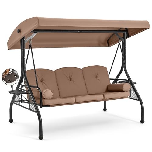 HOMREST 3 Seat Outdoor Porch Swing with Adjustable Canopy, Convertible Patio Swing Bed with Stand, Patio Glider Swing with Upgraded Cup Holder, Thicken Cushions ＆ Pillow for Backyard (Brown)