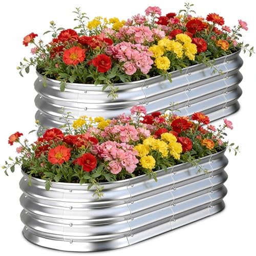 Tegarbed Galvanized Raised Garden Bed Outdoor, 4x2x1ft(2Pack) Metal Heavy Duty Planter Boxes for Gardening, Easy Assemble Bottomless Small Oval Plant Container Kit for Vegetable, Flower, Fruit, Silver