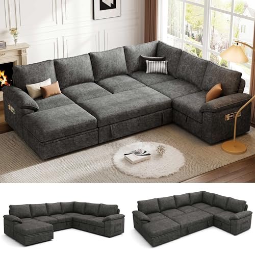 SUAWY 108 Inch Sectional Sleeper Sofa with Pull Out Bed, U Shaped 7 Seat Modular Sectional Sofa with Storage, Sectional Couches for Living Room, Cloud Modular Couch,Removable Sofa Cover, Dark Grey