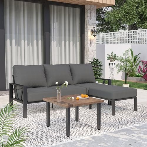 COMLAX FIELD Outdoor Furniture Set, Patio Couch Sectional with Ottoman, 3 Pieces Outdoor Patio Sofa Set Deep Seating with 6" Thick Cushions, Dark Grey
