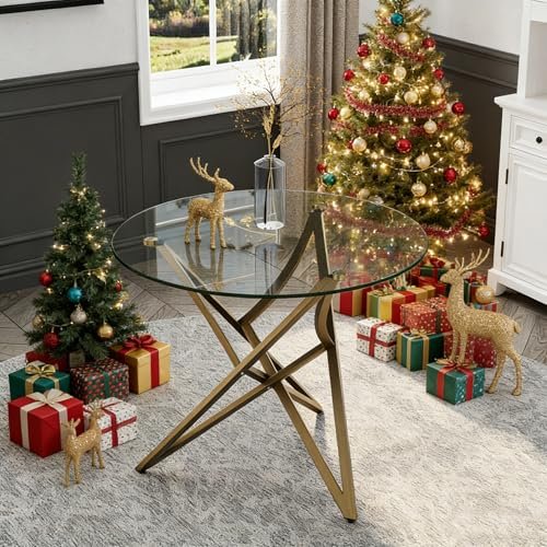 Anewsun Round Glass Dining Table, 36 inch Small Dining Table for 2-4, Dining Room Table with Clear Tempered Glass Top and Brass Triangular Stainless Steel Legs, for Apartment, Kitchen