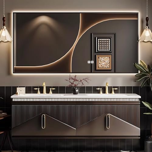 High QLO Bathroom Vanity - Floating Bathroom Vanity with Double Sinks Includes Oval Hollow Cabinet Handle & Geometric Stripes Design|Smart Sensor Light,French and Retro Style,Curved Mirror(68IN)