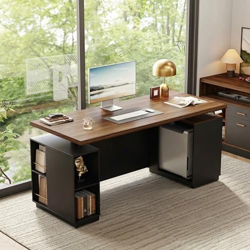 ModernMate 71" Standing Executive Desk with Privacy Panel, Large One-Piece Electric Height Adjustable Stand Up Desk with Charging Station, File Cabinet Storage, Home and Office, Black Walnut