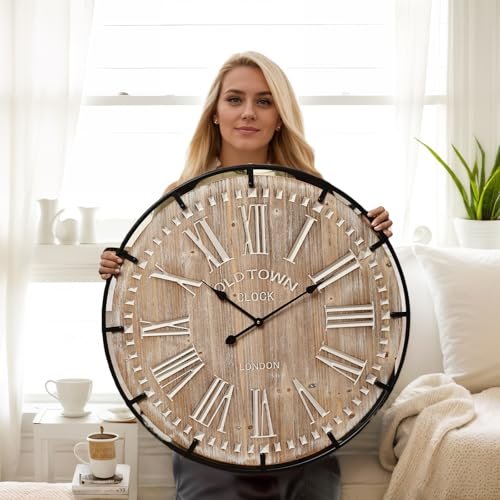 EMAX HOME 30 Inch Extra Large Wall Clock - Farmhouse Rustic Wood & Metal Design Silent Non-Ticking Battery Operated Decorative Oversized Clock for Living Room, Kitchen, Office & Bedroom