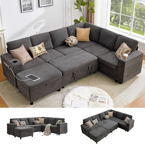 107 Inch Sectional Sleeper Sofa with Pull Out Bed, 7 Seat U Shaped Modular Sectional Sofa with Storage Ottoman, USB Port & 6 Pillows, Sectional Couches for Living Room & Apartment, Modular Couch, Grey