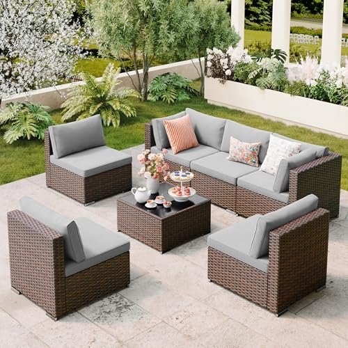 Qsun 7 Pieces Outdoor Patio Furniture Set, PE Rattan Outdoor Wicker Sectional Furniture Sofa Set, with Cushions and Glass Coffee Table, for Balcony, Porch, Garden, Grey
