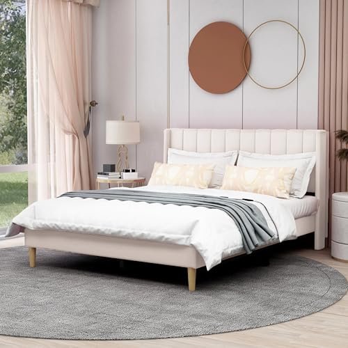 AGARTT Upholstered Platform Bed Frame Queen Size with Headboard and Footboard/Wooden Slats Support/No Box Spring Needed/Easy Assembly,Beige Velvet