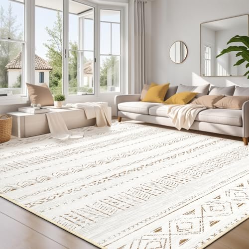 cotiled 8x10 Area Rug Living Room: Washable Boho Rugs with Non Slip Backing Large Soft Indoor Stain Resistant Carpet for Bedroom Farmhouse Dining Room Lightweight Home Decor L Brown/Cream