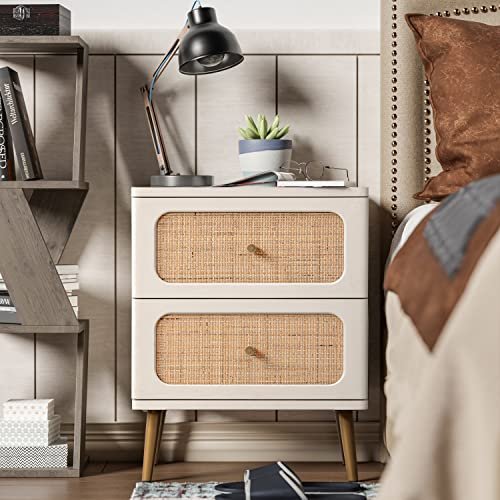 LONYKE Wicker Rattan Nightstand, 2-Drawer End Table Cream White Finish Side Table for Small Spaces, Modern Farmhouse Wooden Bedside Table, Boho Mid-Century Coastal Storage Cabinet