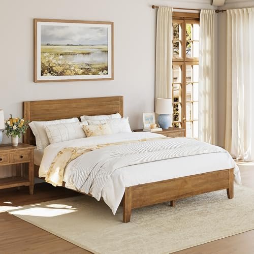 Cozyman Queen Bed Frame with Headboard, 100% Solid Acacia Wood Platform, 800lb Heavy Duty Support with 10 Reinforced Legs, Noise-Free No Box Spring Needed, Low-Profile Design, Dark Wood