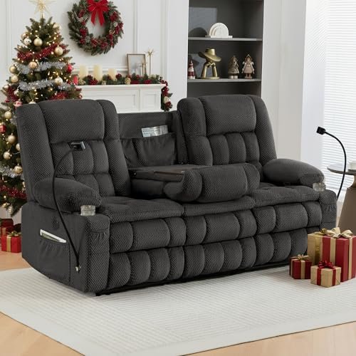CALIVIA Manual Recliner Sofa, 3 Seater Reclining Couch with Fold-Down Console and Hidden Storage, Double Padded Recliner Sofa for Living Room, Apartment, RV (Grey)