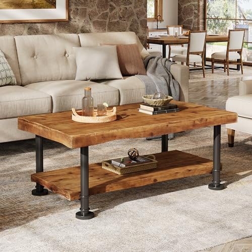 TRIBEWOOD 47" Coffee Table, Farmhouse Solid Wood Accent Center Table with 2-Tier Live Edge Shelf & Metal Legs, Rectangular Low Cocktail Tea Furniture for Living Room, Lounge, Brown and Black