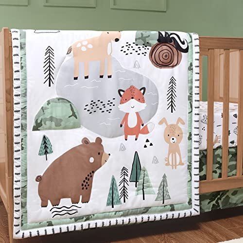 The Peanutshell 3 Piece Baby Crib Bedding Set for Boys - Newborn, Infant & Toddler Nursery Bed Set Decor with Fitted Crib Sheet, Dust Ruffle, Crib Comforter - Woodland Camo