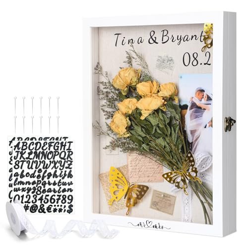 Yookeer 12 x 16'' Large Shadow Box Wedding Flower Display Case Picture Frame with Linen Memorial Keepsake Shadow Box Dried Bouquet Flower Decor DIY Kit Gift for Keepsakes Photo Memory Frame(White)
