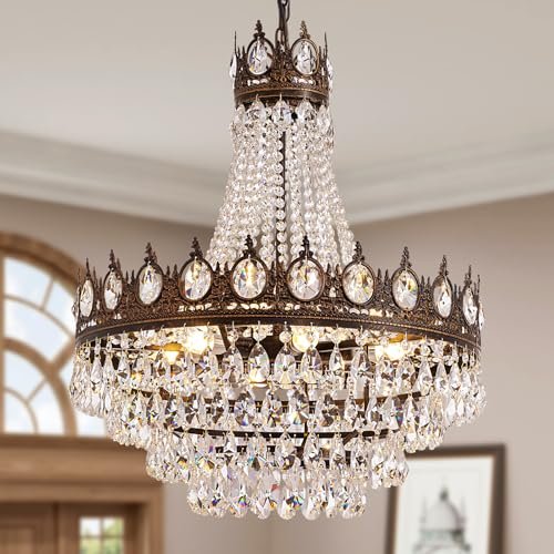 WECHAET Vintage Crystal Chandeliers for Dining Room Light Fixture, 9-Light Antique Bronze French Empire Chandelier for Foyer Entryway Kitchen Island Living Room, D24″ x H27″