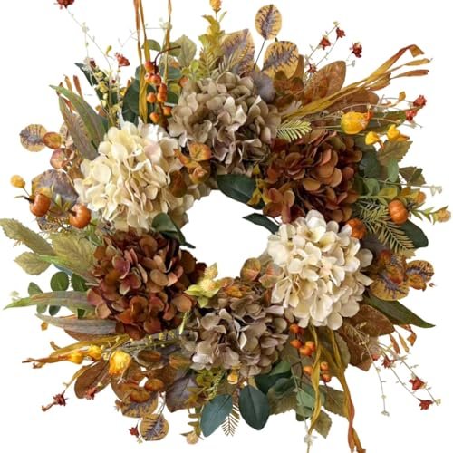 WANNA-CUL 24 Inch Fall Spring Wreaths for Front Door with Hydrangea,Little Pumpkins-Fall Decorations for Home,Fall Door Wreath Decor for Summer,Autumn,Harvest, Halloween or Thanksgiving