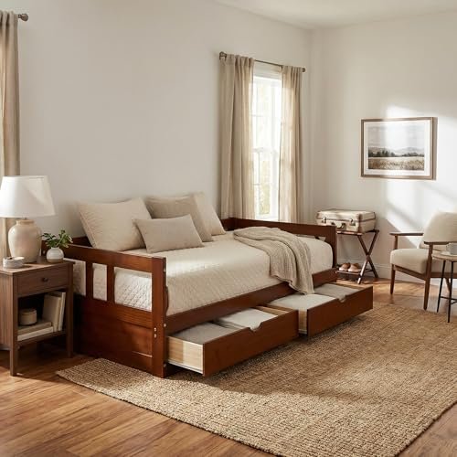 Melody Twin to King Extendable Daybed with Trundle and Storage Drawers – Solid Brazilian Pine Wood Guest Bed with 400lb Capacity for Kids, Teens, or Adults by Aalaterre Furniture (Chestnut Finish)