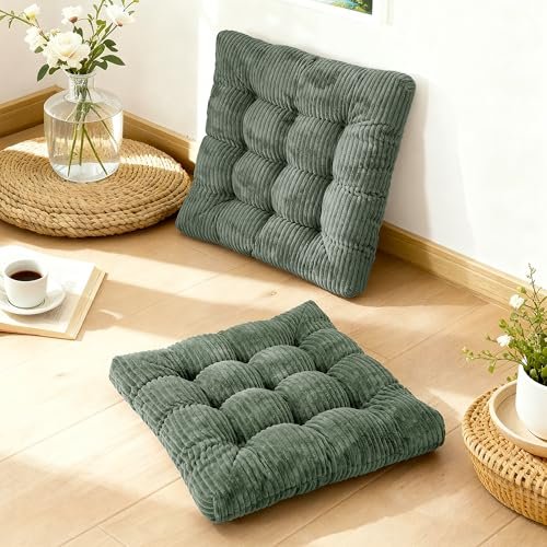 zen shi fu Meditation Floor Pillow Set of 2,Memory Foam Meditation Cushion for Adults Sitting, Large Square Thickened Seat Cushions for Yoga, Tatami Living Room (2, Dark Green)