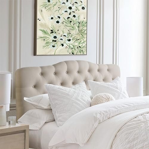 Rosevera Givanna Adjustable Height Headboard with Linen Upholstery and Button Tufting for Bedroom, Queen, Classic Beige