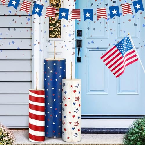 3 Pcs Large 4th of July Wooden Porch Sign Patriotic Wooden Firework Porch Decor 250th Anniversary Rustic Memorial Day Decor American National Days Yard Sign for Indoor Outdoor(Round)