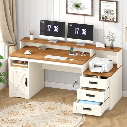 TVU Farmhouse Computer Desk with Drawers, 65'' Home Office Desk with Power Outlets, Storage Cabinet and Printer Stand, Study Writing Desks with Long Monitor Stand, Brown and White