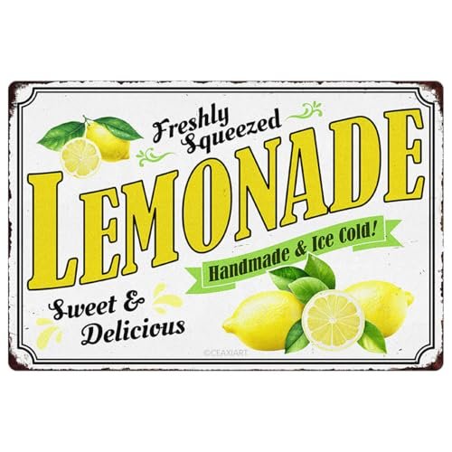 Freshly Squeezed Lemonade Tin Sign Funny Lemon Print Art Poster Vintage Metal Signs Wall Decor for Home Farmhouse Kitchen Cafe Bar Pub Shop Poolside Decorative Retro 8x12 Inch Hanging Plaque