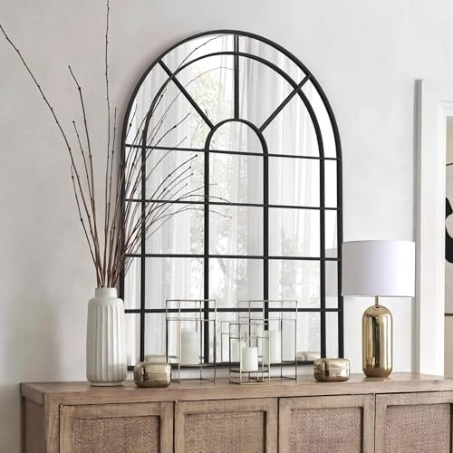 Besdomus Large Arched Window Mirror: 29"x42" Black Classic Farmhouse Wall Mirror - Wall Decor for Fireplace/Entryway/Hallway/Living Room - Ideal for Home Decor Enthusiast