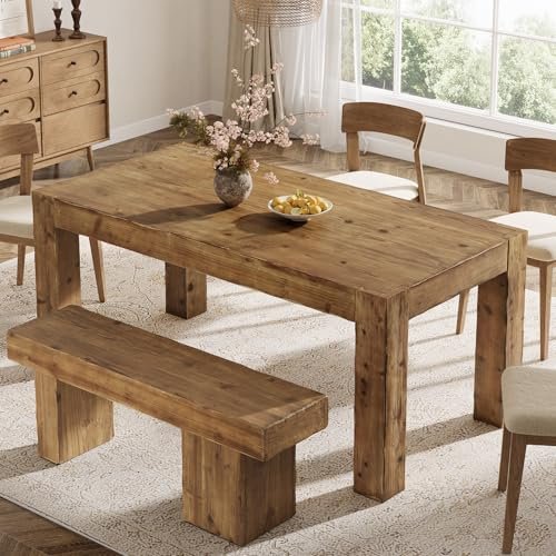 TRIBEWOOD Solid Wood Dining Table for 6, 63-Inch Farmhouse Kitchen Table with Heavy Duty Legs, Rectangular Wood Dinner Table for Dining Room, Living Room, Natural Brown (Only Table)