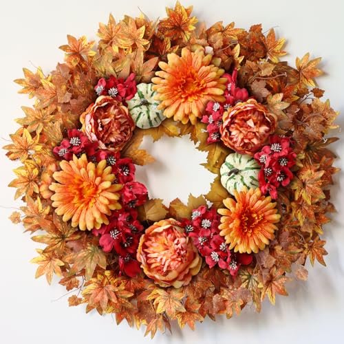 26" Fall Wreath for Front Door - Large Artificial Maple Leaves Fake Silk Peony Faux Pumpkin Outdoor Wreath for Porch, Window,Farmhouse,Home,Thanksgiving Day Harvest Festival Autumn Decor