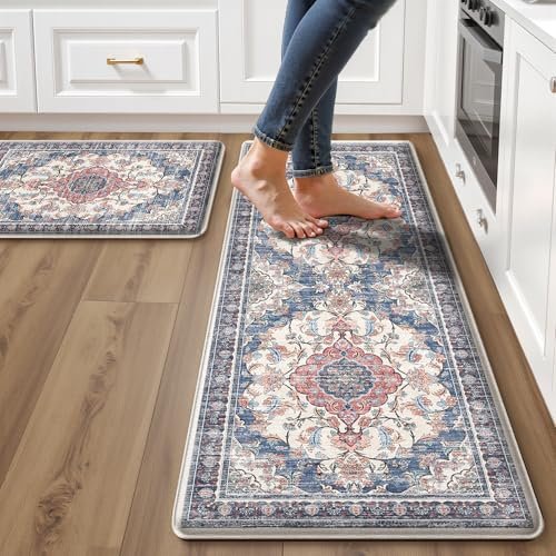 Boho Kitchen Mats for Floor 2 Piece Set Anti Fatigue Cushioned PVC Kitchen Rugs Non Slip Waterproof Farmhouse Mats 2/5 Inch Comfort Standing Mat for Sink, Laundry, 17.3"x47"+17.3"x28", Retro Blue