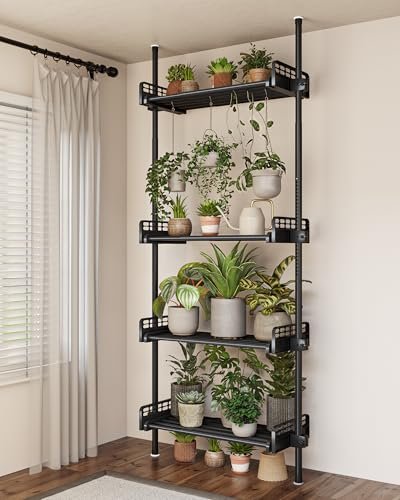 Bamworld Tension Rod Plant Stand Adjustable Hanging Plant Shelf Indoor Tall Plant Pole Stand Floor to Ceiling Pole for Living Room Bedroom Flower Holder For Multiple Plant Pots Display Black New Version