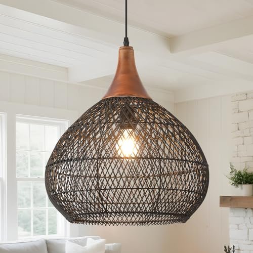 Karjearl Black Rattan Pendant Light, 15.7" Rattan Chandelier Hand-Woven Wicker Pendant Light Fixtures with Solid Wood, Basket Hanging Lighting for Dining Room Kitchen Island Living Room